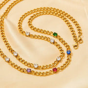 Waterproof  Cuba Chain Cubic Zirconia Stainless Steel Rainbow Cz Necklace For Women