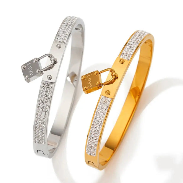 Waterproof 18k Gold Plated Titanium Steel Love Lock  Zircon Splicing Bracelet Bangle Girls