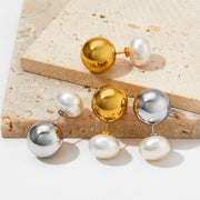 Two Ways To Wear Pearl Double Ball Bead Earrings Stainless Steel Gold Plated Stud Drop Earrings Women Jewelry