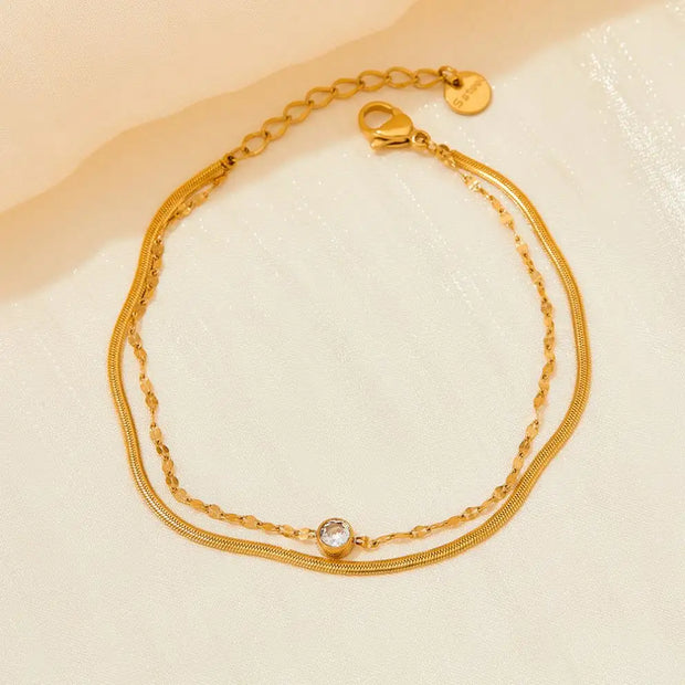 Trendy Metal Gold Jewelry Girlfriend Gift Stainless Steel Round Zircon Layered Bracelets For Women
