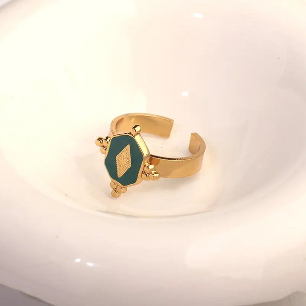 Vintage Green Enamel Open Ring Gold Plated Stainless Steel Rings Fashion Jewelry Wholesale