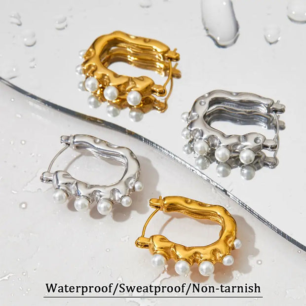 U Shape Hoop Korean Earrings Gold Plated Tarnish Free Stainless Steel Imitation Pearl Earrings Wholesale Bulk