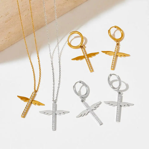 Unique Cross Angel wings Micro Insert CZ Pendant Drop Earring Stainless Steel Zircon  Hoop Earrings Women