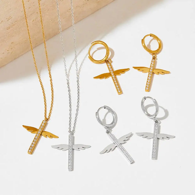 Unique Cross Angel wings Micro Insert CZ Pendant Drop Earring Stainless Steel Zircon  Hoop Earrings Women
