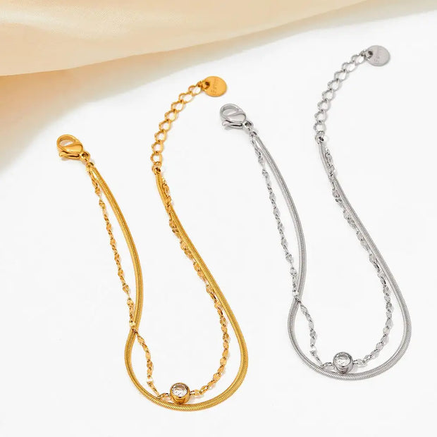 Trendy Metal Gold Jewelry Girlfriend Gift Stainless Steel Round Zircon Layered Bracelets For Women