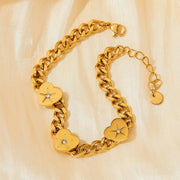Tarnish Free Stainless Steel Pvd 18k Gold Plating Cuban Link Chain Bracelet Zircon Diamond Heart Charm Bracelets Women