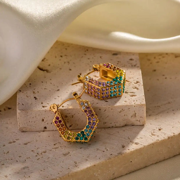 Vintage Full Of Shiny Zircon U-shape Hoop Earring Stainless Steel 18k Pvd Gold Plated High Quality Fashion Jewelry Earrings Gift