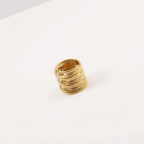 Waterproof 18K Plain Gold Individuality Double Circle Linked Rings Stainless Steel Multi Layer Interlocking Ring Jewelry