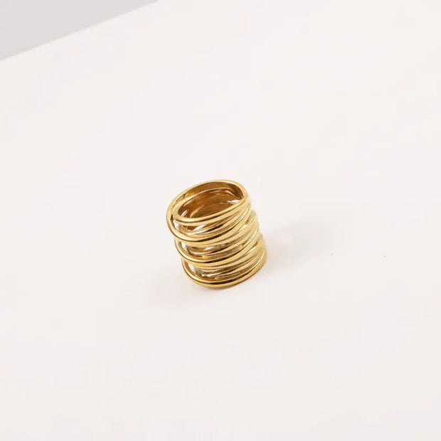 Waterproof 18K Plain Gold Individuality Double Circle Linked Rings Stainless Steel Multi Layer Interlocking Ring Jewelry
