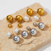 Two Ways To Wear Pearl Double Ball Bead Earrings Stainless Steel Gold Plated Stud Drop Earrings Women Jewelry