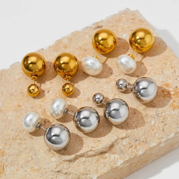 Two Ways To Wear Pearl Double Ball Bead Earrings Stainless Steel Gold Plated Stud Drop Earrings Women Jewelry