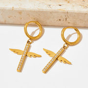 Unique Cross Angel wings Micro Insert CZ Pendant Drop Earring Stainless Steel Zircon  Hoop Earrings Women