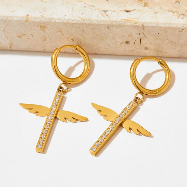 Unique Cross Angel wings Micro Insert CZ Pendant Drop Earring Stainless Steel Zircon  Hoop Earrings Women