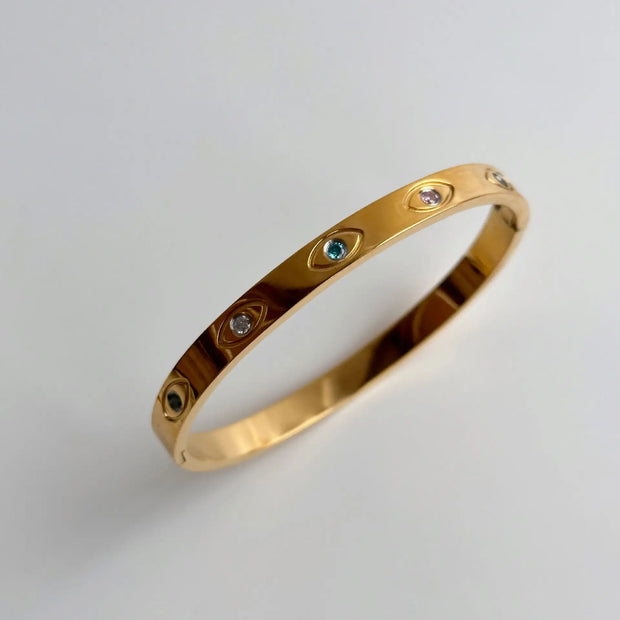 Waterproof PVD 18k Gold Plated Round Colorful Zirconia Eye Design Stainless Steel Bangles For Gift
