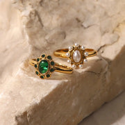 White Pearl Shiny Cubic Zircon SunFlower Ins Fashion 18K PVD Gold Plated Stainless Steel Stacking Ring