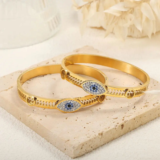 Tarnish Free Waterproof Acier Inoxydable Stainless Steel 18K Gold Plated Eyes Zircon Women Bracelets Bangle