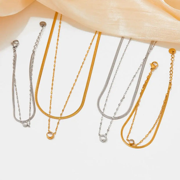 Trendy Metal Gold Jewelry Girlfriend Gift Stainless Steel Round Zircon Layered Bracelets For Women