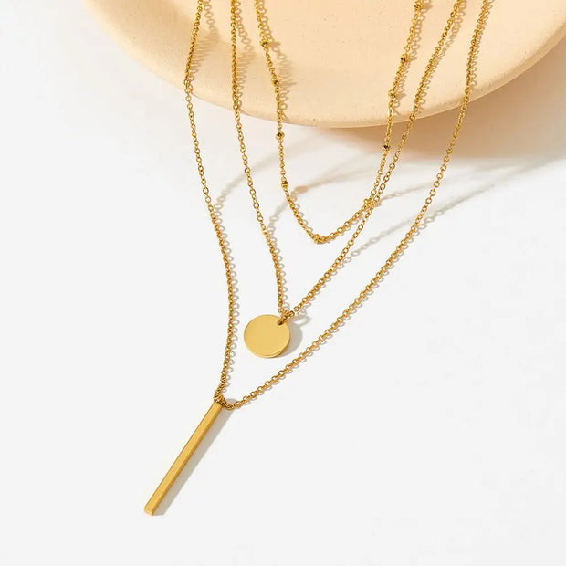 Wholesale Custom Fashion Stainless Steel Geometric Round Plate Long Stack Necklace Temperament Multi-layer Necklace
