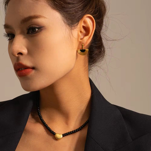 18K Gold Plated Stainless Steel Gift Black Obsidian Beads 3D Dimensional Heart Pendant Choker Necklace Women