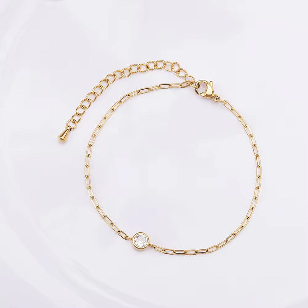 18K PVD Gold Plated Waterproof Stainless Steel Paper Clip Chain round Zirconia Bracelet for Women Wholesale Jewelry