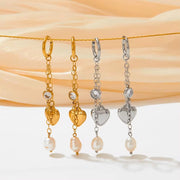 18K Gold Plated Stainless Steel Jewelry Tassel Heart Fresh Water Pearl Cubic Zirconia Drop Earrings for Womens