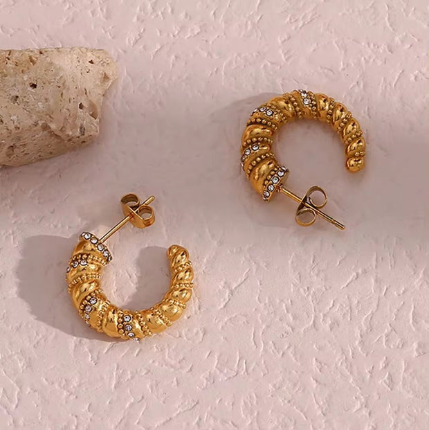 Vintage 18K Gold Plated Zircon Twist Croissant Hoop Earring Tarnish Free Stainless Steel Hoop Earring for Women