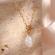18K Gold Plated Baroque Fresh Water Pearl Paper Clip Chain Stainless Steel Pendant Necklace