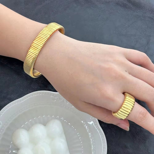 12Mm Thick Chunky Stainless Steel Elastic Bracelet Rings Jewelry Set Men Women Stylish PVD Gold Plated Ornaments