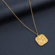 Women Stylish Textured Square Stainless Steel Pendant Necklace High Quality Gold Color Daily Wear Jewelry