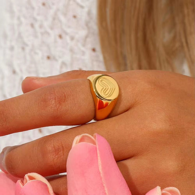 18K Gold Plated Engraved Heart Band Ring Tarnish Free Stainless Steel Signet Rings Jewelry Women