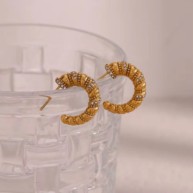Vintage 18K Gold Plated Zircon Twist Croissant Hoop Earring Tarnish Free Stainless Steel Hoop Earring for Women