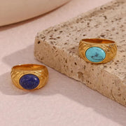 Vintage Dome Ring Engraved Gemstone Rings PVD Gold Plated Stainless Steel Statement Ring