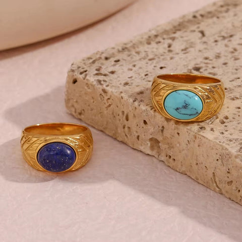 Vintage Dome Ring Engraved Gemstone Rings PVD Gold Plated Stainless Steel Statement Ring