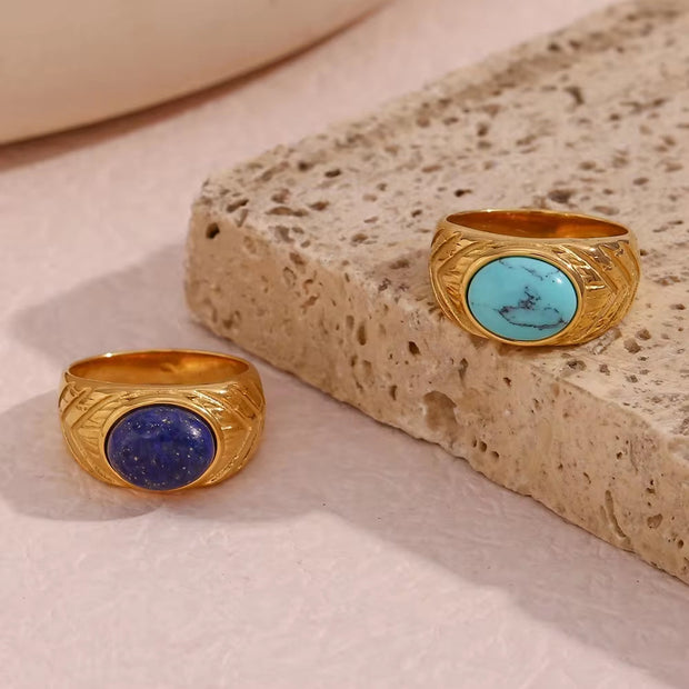 Vintage Dome Ring Engraved Gemstone Rings PVD Gold Plated Stainless Steel Statement Ring