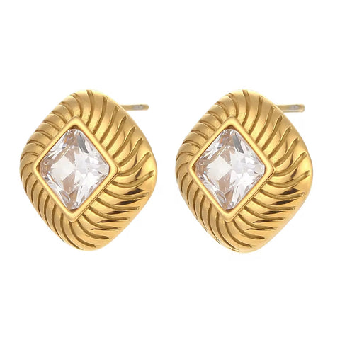 Vintage Texture Rhombus Zircon Stud Earrings Stainless Steel Statement Earring 2024 Gold Plated Earrings
