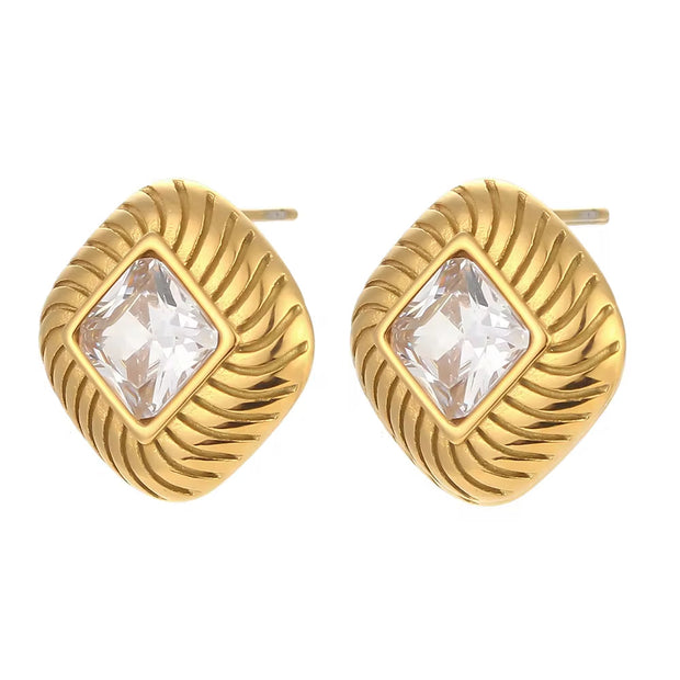 Vintage Texture Rhombus Zircon Stud Earrings Stainless Steel Statement Earring 2024 Gold Plated Earrings
