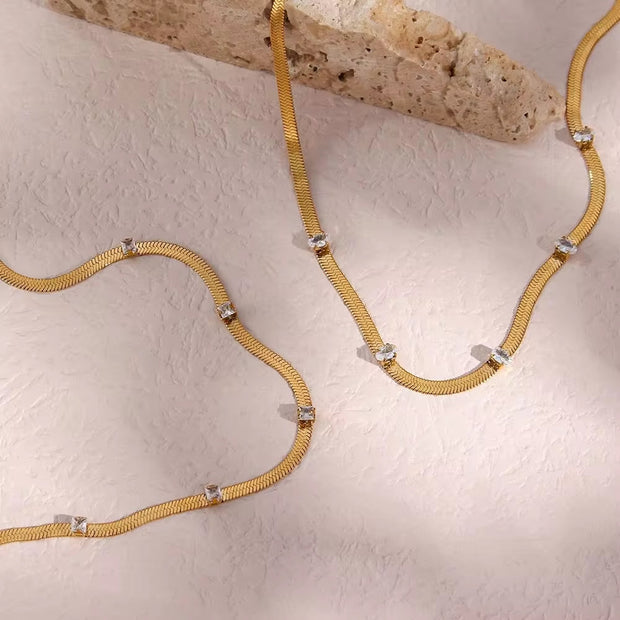 18K Gold Plated Stainless Steel Snake Chain Necklace Zircon Charm Choker Necklace