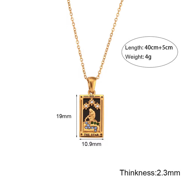 Trendy Square Colorful Enamel Zircon Tarot Cards Pendant Necklace 18K Gold Plated Stainless Steel Necklaces for Women