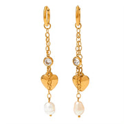 18K Gold 316 Stainless Steel Chain Link Natural Pearl Heart Long Drop Dangle Earrings for Women Waterproof Jewelry