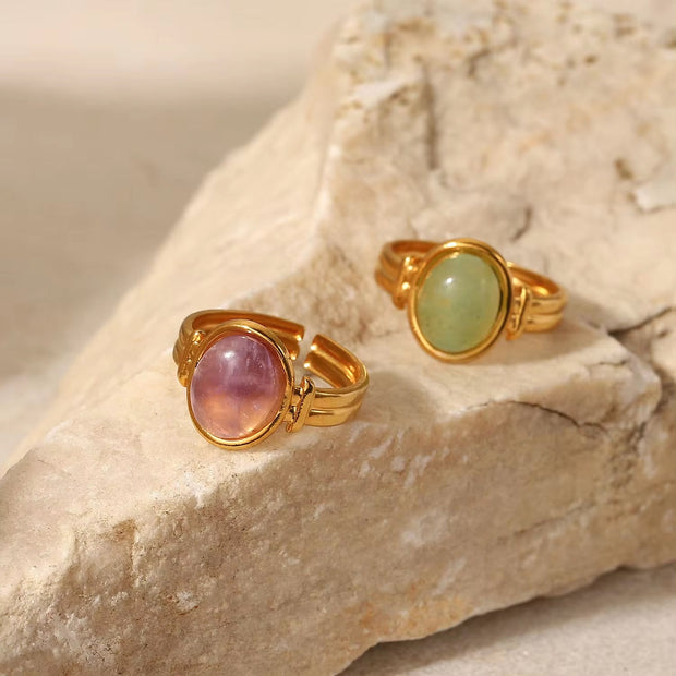 18K Gold Plated Stainless Steel round Natural Green Purple Stone Adjustable Rings for Women