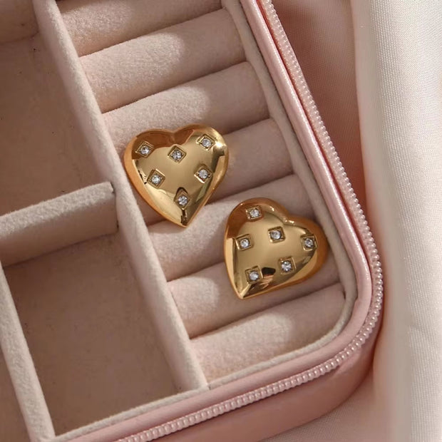 Zircon Heart Shaped Stud Earrings Stainless Steel Gold Plated Earrings Studs round Cubic Zirconia Bezel Setting