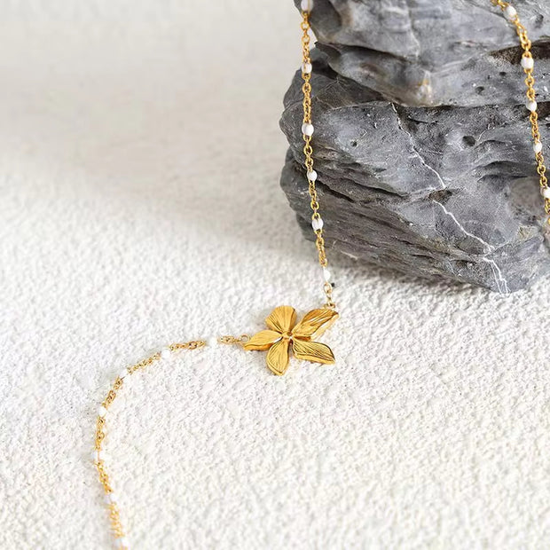 Vintage French Style Flower Chain Necklace Jewelry 18K Gold Stainless Steel Waterproof Minimalist Pearl Flower Necklace