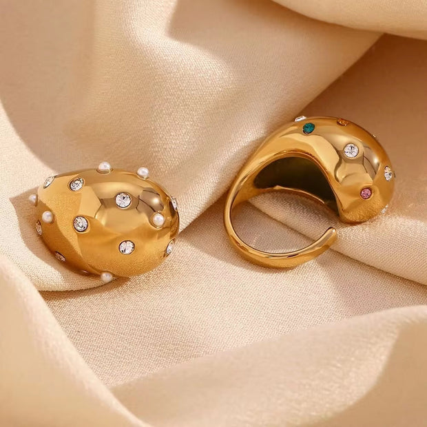 Water Drop Open Ring Colorful Crystal Rhinestone Pearl Ring Gold Plated Jewelry Stainless Steel Jewelry Custom