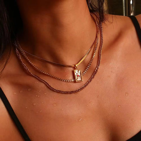Trendy Square Colorful Enamel Zircon Tarot Cards Pendant Necklace 18K Gold Plated Stainless Steel Necklaces for Women