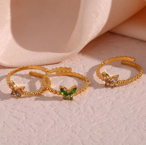 18K Gold Plated Stainless Steel Adjustable Zircon Butterfly Rings for Women Non Tarnish Jewelry