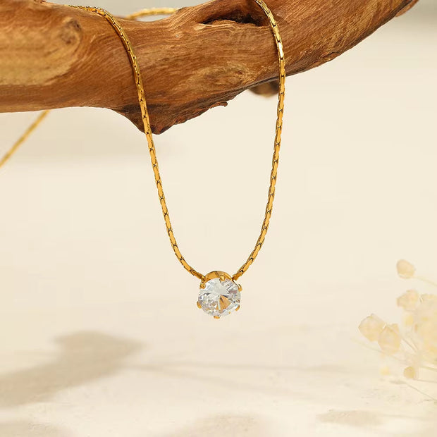Waterproof Brilliant Solitaire Cubic Zirconia Pendant Necklace Ins 18K Gold Plated Diamond Stainless Steel Necklace Jewelry