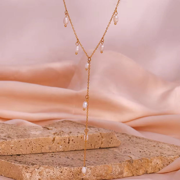 Valentines Fresh Water Pearls Tassel Necklace 18K Gold Plated Stainless Steel Chain Charm Necklace
