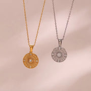 Vintage Engraved round Compass Shape Zircon Pendant Necklace 18K Gold Plated Stainless Steel Necklace