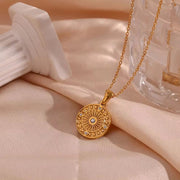 Vintage Engraved round Compass Shape Zircon Pendant Necklace 18K Gold Plated Stainless Steel Necklace