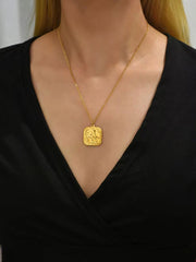 Women Stylish Textured Square Stainless Steel Pendant Necklace High Quality Gold Color Daily Wear Jewelry